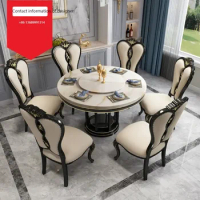 American light luxury solid wood round table luxury ebony European marble dining table and chair combination 6-person