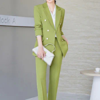 Tesco Office Ladies Formal Pant Suit Set Fashion Green Blazer Jacket Slim Pant Sets 2 Piece Casual Elegant Women Outfits