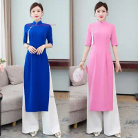 2024 aodai vietnam clothing cheongsam aodai vietnam dress+pants set traditional dress cheongsam women oriental dress qipao