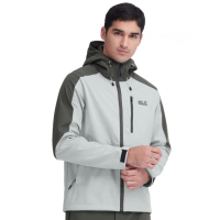 【Jack wolfskin 飛狼】男 防風防潑水內刷毛保暖外套 Softshell 連帽軟殼衣(深淺灰)