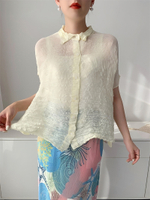 S-1148 #   One Size (45-75kg) Miyake Style Summer Chiffon Blouse Women Fashion Short Sleeve Pleated 