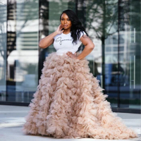 Extra Fluffy khaki Tulle Party Skirts Lush Ruffles Tiered Mesh Prom Ball Skirt Floor Length Puffy Cebebrity Party Skirts