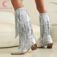 Metallic Sequin Fringe Platform Chunky Women Boots Brand New Size 48 Bling Pointed Boot Women Glitter Dancing Fashion Lady Shoes