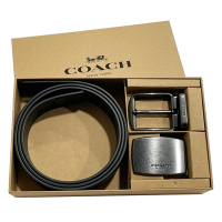COACH 經典C LOGO雙面用/雙釦頭男款寬版皮帶禮盒(黑灰)