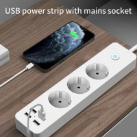 EU Plug Power Strip 3 AC Outlet Round Pin Multiple Sockets 1.8m Extension Cord Electrical Socket with 4 USB Ports Network Filter