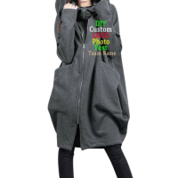 2022 Customize Your LOGO Text Hooded Pocket Fall Winter Hoodie Zipper In Long Fake Two Loose Coats For Women