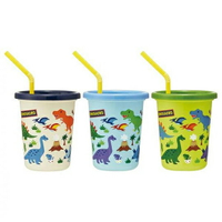 小禮堂 恐龍 日製 塑膠吸管杯 附蓋 塑膠杯 飲料杯 派對杯 320ml (3入 綠藍 火山)