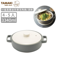 日本TAMAKI IH爐莫蘭迪色雙耳陶鍋/湯鍋3340ML(4-5人)-灰白色