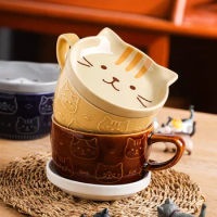 Japanese-Style Ceramic Cartoon Animal Mug Cute Household Breakfast Cup Office Coffee Cup with Lid Couple Water Cup