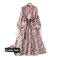 Gaun Pesta Muslimah Brukat Renda Mewah - Kerah, Kombinasi, Panjang, Nyaman Dress Gamis Kondangan Pin