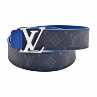 LV M0720T 經典Monogram花紋銀釦雙面腰帶/皮帶(石墨色/藍色-95CM)