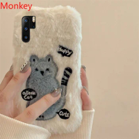 Korean Cute Cat Fur Fluffy Phone Case For Huawei P50 P40 P30 P20 Mate20 Nova Y61 10SE 9SE 5T 8I 7I 3I Girl Gift Cover Soft Shell