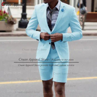 20 Colors Summer Sky Blue Men Suit with Shorts Set Groomsmen Groom Wedding Suits Tailor-made Casual Yellow Blazer Pants 2Pcs