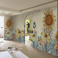 歐式電視背景墻紙客廳臥室走廊3D畫影視墻個性抽象創意向日葵壁紙