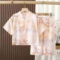 New Summer Girls' Outfit: Cool Chinese Style Set with 7/8 Pants and Ethnic Style Lyocell 7/8 Sleeve 