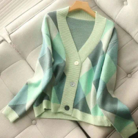 Women Color Block Argyle Plaid Sweaters Fashion V-Neck Long Sleeve Knitted Cardigan Sweater Autumn Sweet Ladies Knitwear Coat