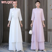 2024 Traditional Vietnam Ao Dai Vintage Dress+pants Set National Flower Rmbroidery Cheongsam Dress Banquet Evening Dress Vestido
