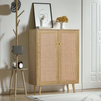 Anmytek Rattan Cabinet, 44" H Tall Sideboard Storage Cabinet with Crafted Rattan Front, Entryway Shoe Cabinet Wood 2 Door Accent