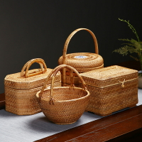 越南手工茶具收納籃竹編手提籃藤編復古食盒月餅籃女士手提包雙層