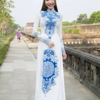 Tailored aodai vietnam clothing cheongsam aodai vietnam dress vietnamese traditionally dress cheongsam blue and white porcelain