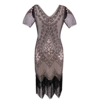 Vintage 1920s Great Gatsby Dress Art Deco Beaded Sequin Party Dress Women V-Neck short Sleeve Fringed Flapper Dress Vestidos