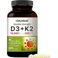 NatureBell Vitamin D3 5000 IU + K2 100 mcg 240 Softgels |   Daily 2-in-1 Formula with Virgin Coconut