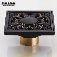 10*10cm Vintage Artistic black Brass Bathroom Square Shower Floor Drain Trap Waste Grate With Hair Strainer anti smelly drains