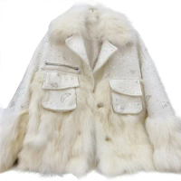 Elegant Luxury runway fur coat women 2022 Winter Warm Sequins Tweed Patchwork Real Fox Fur Coat For Women