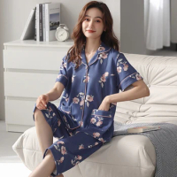 Plus Size Summer Short Sleeve Calf Length Pants Cotton Print Pajama Set for Women Korean Sleepwear Homewear Pijama Mujer Clothes