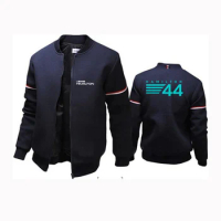 2024 F1 Driver Lewis Hamilton Digital 44 Logo Print Spring Autumn Men's Solid Color Round Neck Casual Cardigan Zip Flight Jacket