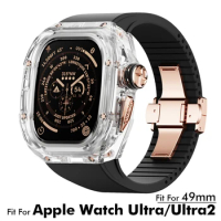 For Apple Watch Ultra 2 49mm K9 Crystal Transparent Case Fluororubber Rubber Strap Conversion Protect iwatch black band