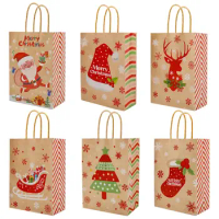5Pcs Christmas Gift Bag,Brown Paper Christmas Goody Bags,Santa Claus Snowman Elk Xmas Treat Bags for Kids Holiday Party Wrapping