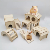 Hamster House DIY Hamster Wooden Gerbil Hideout House Canary Seesaw Pet Sport Wheel Exercise Toy Small Animal Toys