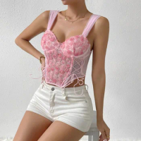 Vemina Street Style Pink Halter V Neck Crop Top Lace 3D Rose Flowers Corset Fashion Woman Backless Sexy Slim Strappy Vest