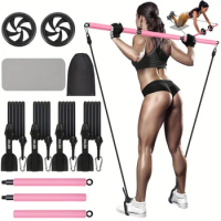 Pilates Bar Kit with Ab Roller, Adjustable 3-Section Pilates Bar with 4 Resistance Bands for Women/Men, Portable Yoga Pilates Ba