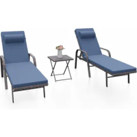Chaise Lounge Set 3 Pieces Outdoor Lounge Chair, Rattan Reclining Chair Adjustable Backrest, Pool Sunbathing Recliners