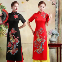2024 woman vintage aodai vietnam traditional flower embroidery vietnam robes and pants vietnam costumes improved cheongsam dress