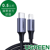 綠聯 iPhone充電線MFi蘋果官方認證USB-C to Lightning金屬編織版(0.5公尺 深空灰)
