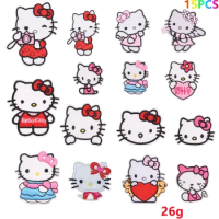 15pcs Hello Kitty Anime Clothing Thermoadhesive Embroidered Patch DIY Garment Clothes Jeans Hoodies Accessories Decor for Girls
