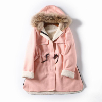 新款冬季韓版中長款寬松毛領連帽收腰大碼羊羔毛外套外貿女裝