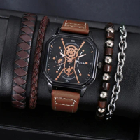 New men's handsome and fashionable mechanical style square dial strap quartz watch and four bracelets