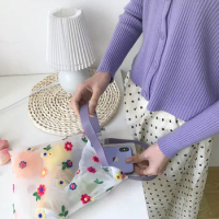 Women 3D Flower Embroidered Translucent Mesh Beach Bag Portable Japanese Small Shopping Bag Tote For Children