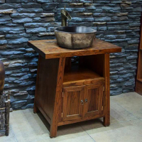 L Solid Wood Vintage Bathroom Cabinet Bathroom Cabinet Floor-Standing Washbasin Hand Wash Dish