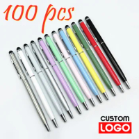 100 Pcs 13-color Metal 2-in-1 Stylus Universal Ballpoint Pen Custom Logo Text Engraving Office School Advertising Pen Wholesale