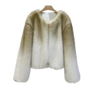 ZXRYXGS Autumn Winter 2023 Elegant Temperament Faux Fur Coat Gradient Color Round Neck Faux Fox Fur Coat for Women's Clothing