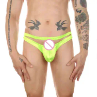 Thong Men Gay Stripe Cotton Underwear Sexy shorts Bare Buttocks Patent Leather Underpants Pouch Thong G-String fluorescent