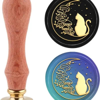 1PC Cat Wax Seal Stamp Kit Cat Mushroom Moon Wax Sealing Stamp 30mm Retro Removable Brass Head Stamp with Wooden Handle