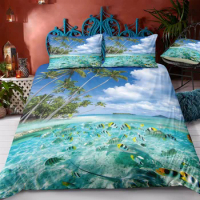 Summer Beach Duvet Cover Set Ocean Bedding Hawaiian Palm Trees Marine Life Sea Waves Fish Printed Comforter Cover Pillow Shams