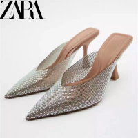Zara รองเท้าส้นสูง แบบใส ประดับเพชร ลายนูน แฟชั่นฤดูร้อน สําหรับผู้หญิง㏇X0403