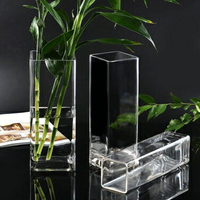 水晶玻璃透明方形花器百合富貴竹仿真插花四方花瓶擺件 雙十一購物節